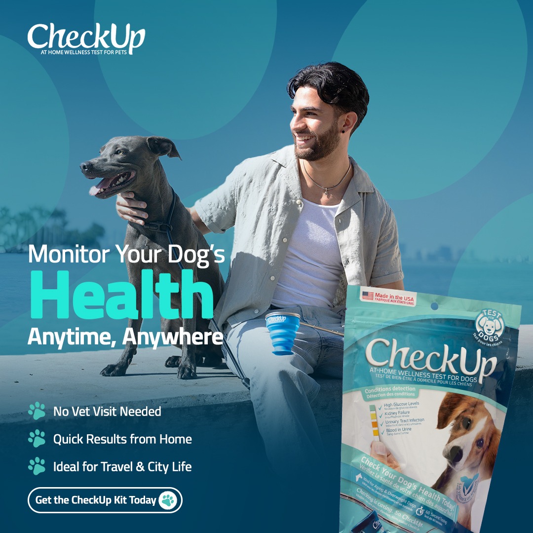 Man sits outdoors with a black dog on a teal background, headline Monitor your dog's health anytime, anywhere, beside the CheckUp kit.